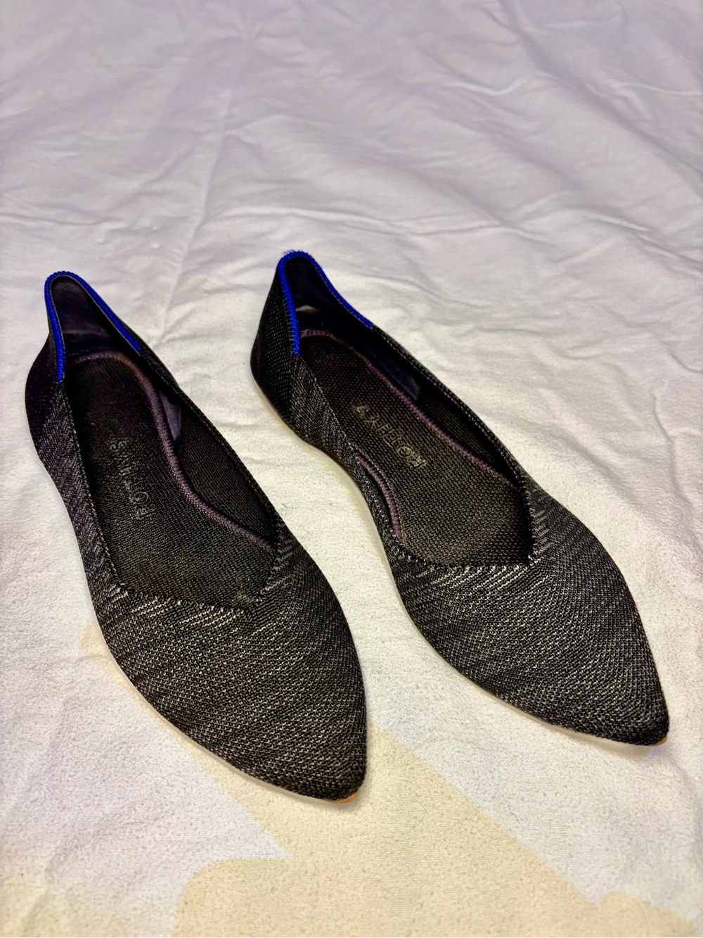 Rothy’s The Point Ballet Flats Slip-on size 6.5 Heather Black with Blue accent